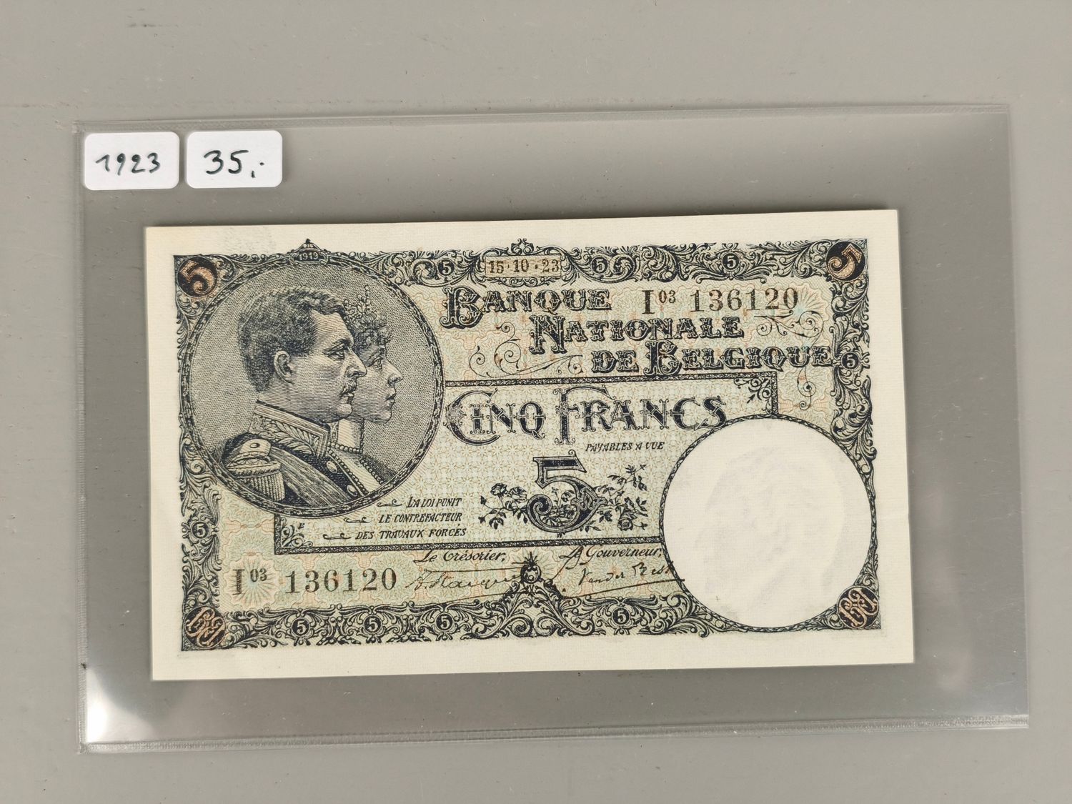 Banknote 5 frank België 1923