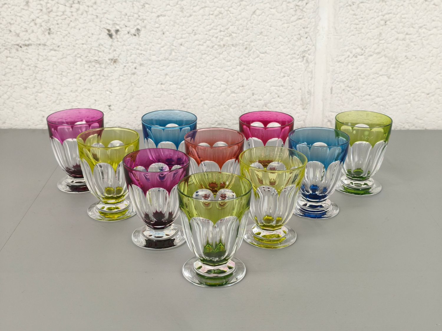 10 Colored crystal Val Saint Lambert glasses, model Gevaert
