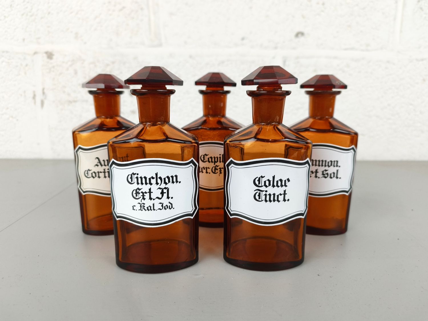 5 apothecary bottles enamelled
