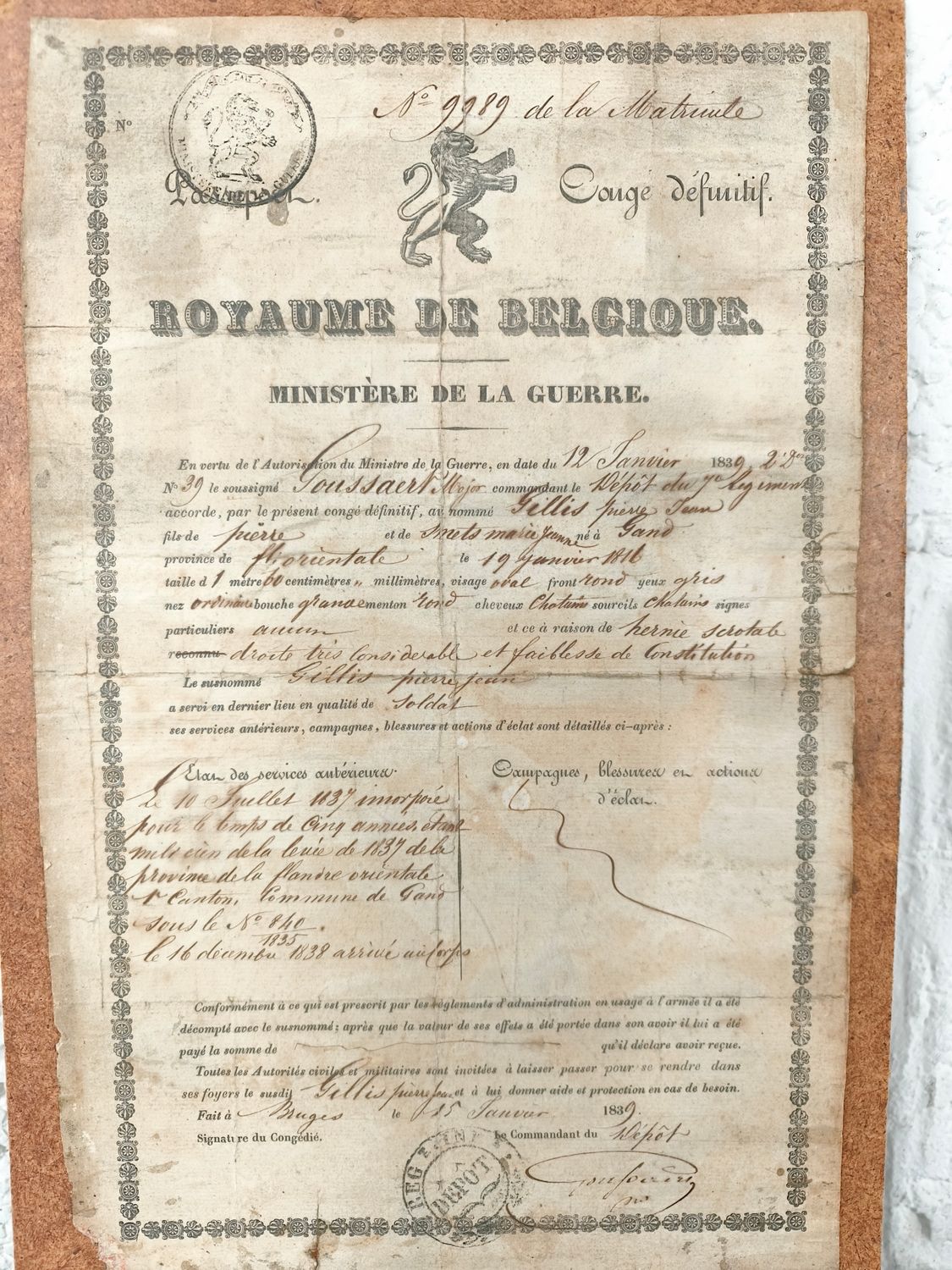 Discharge letter Belgian army 1839