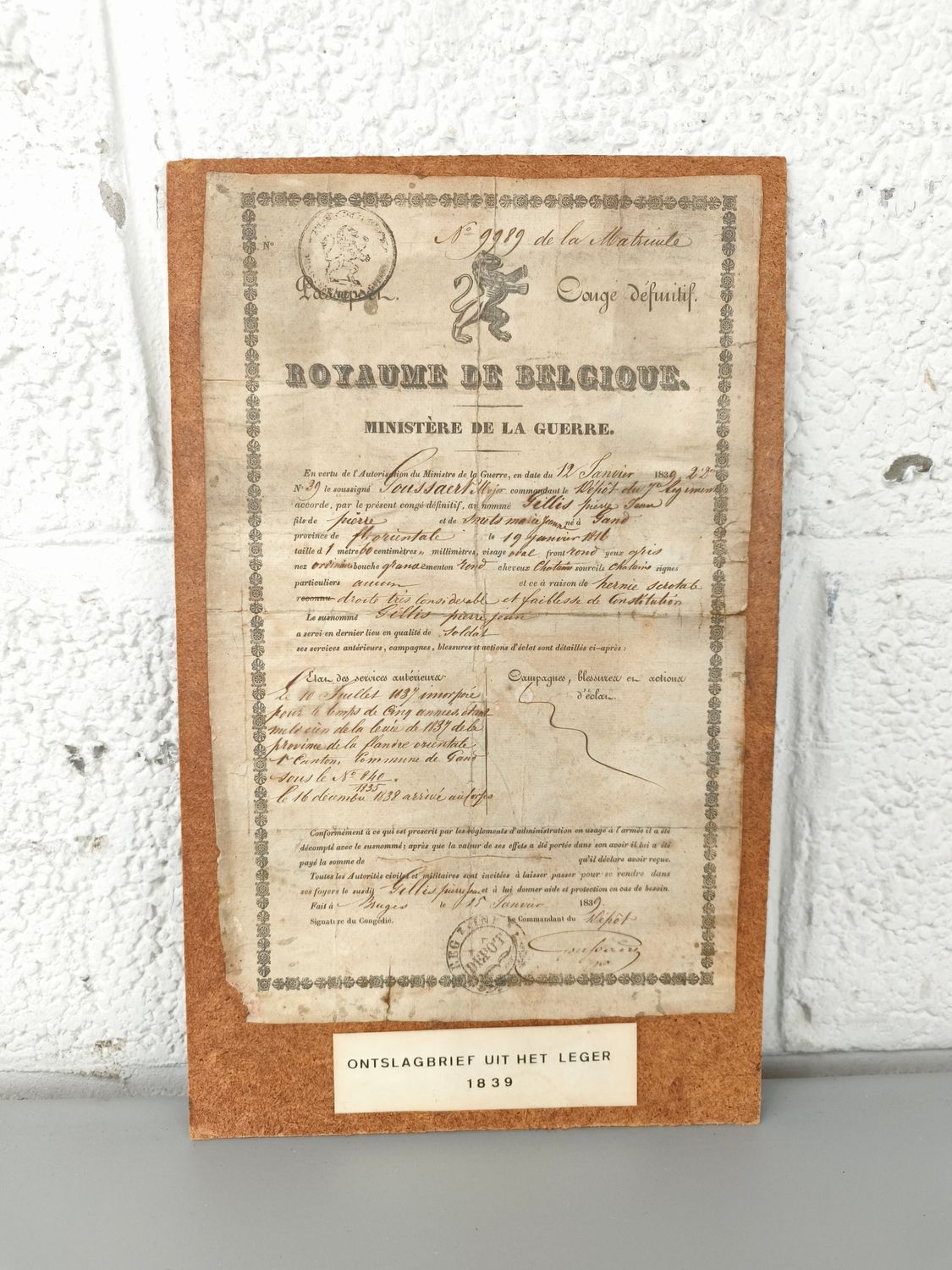 Discharge letter Belgian army 1839