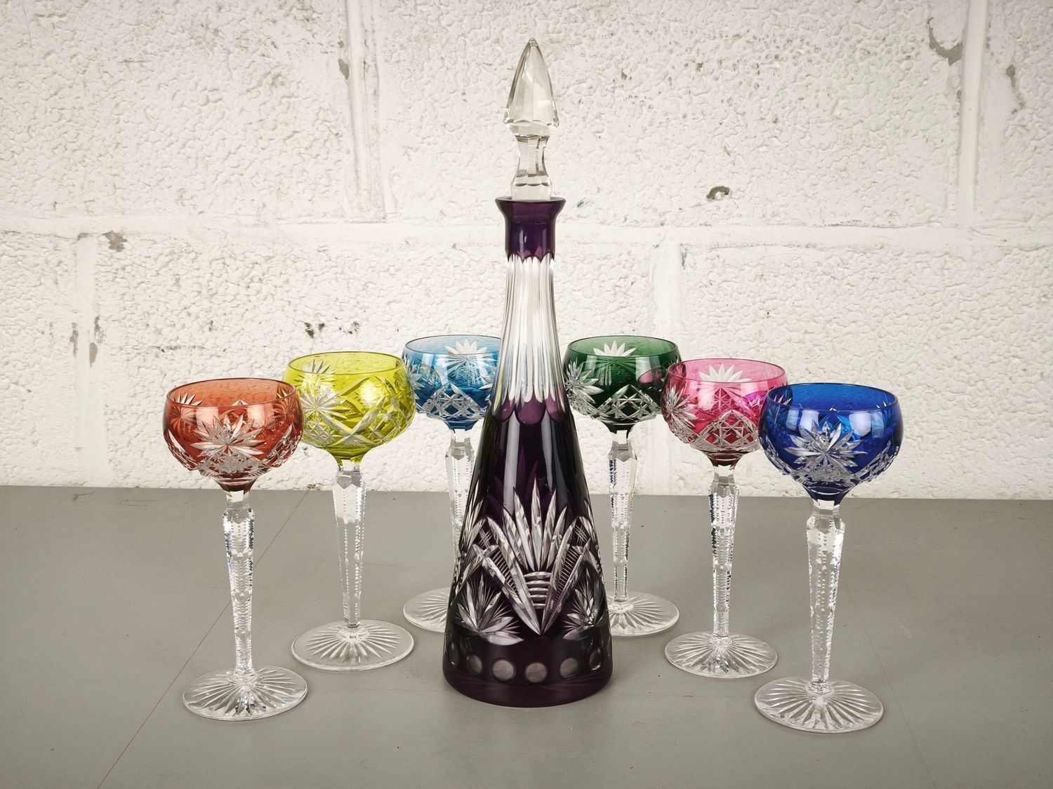 Crystal Val Saint Lambert decanter + 6 colored glasses