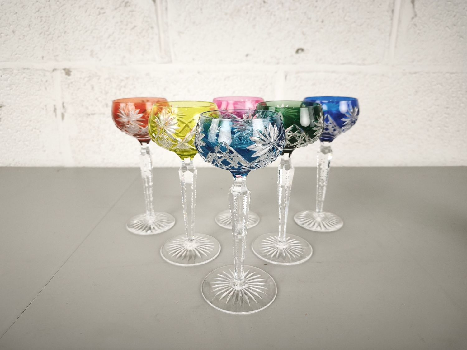 Crystal Val Saint Lambert decanter + 6 colored glasses