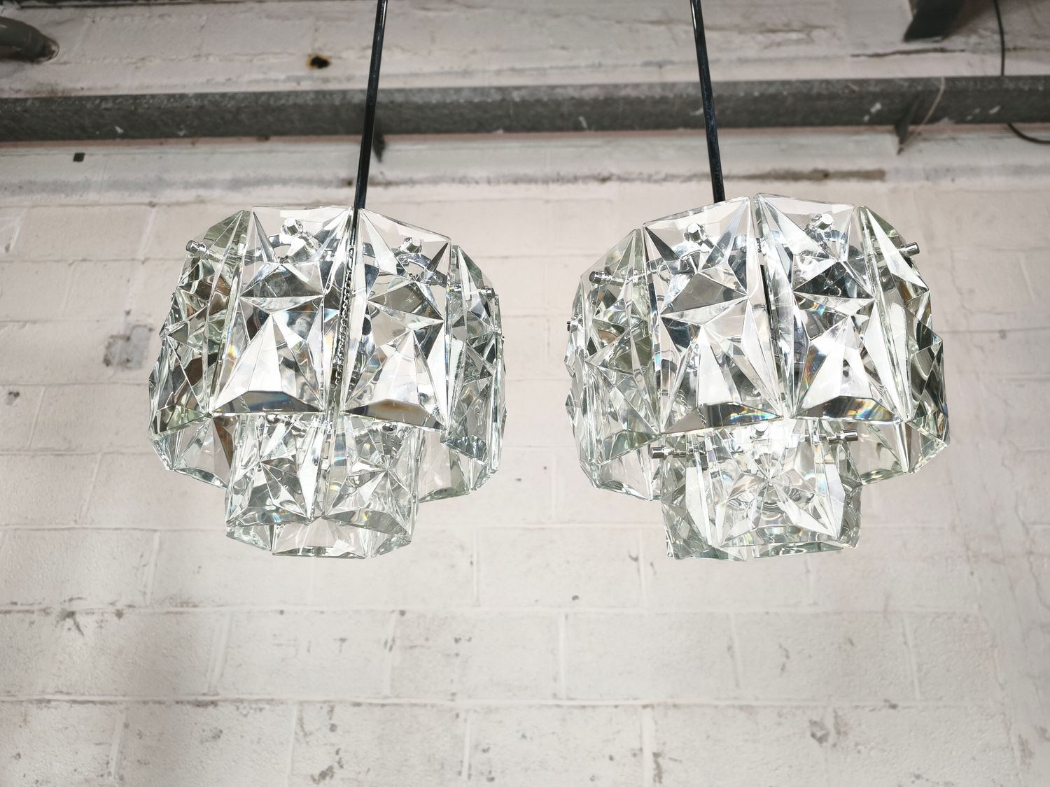 Pair of vintage crystal Kinkeldey pendant lights