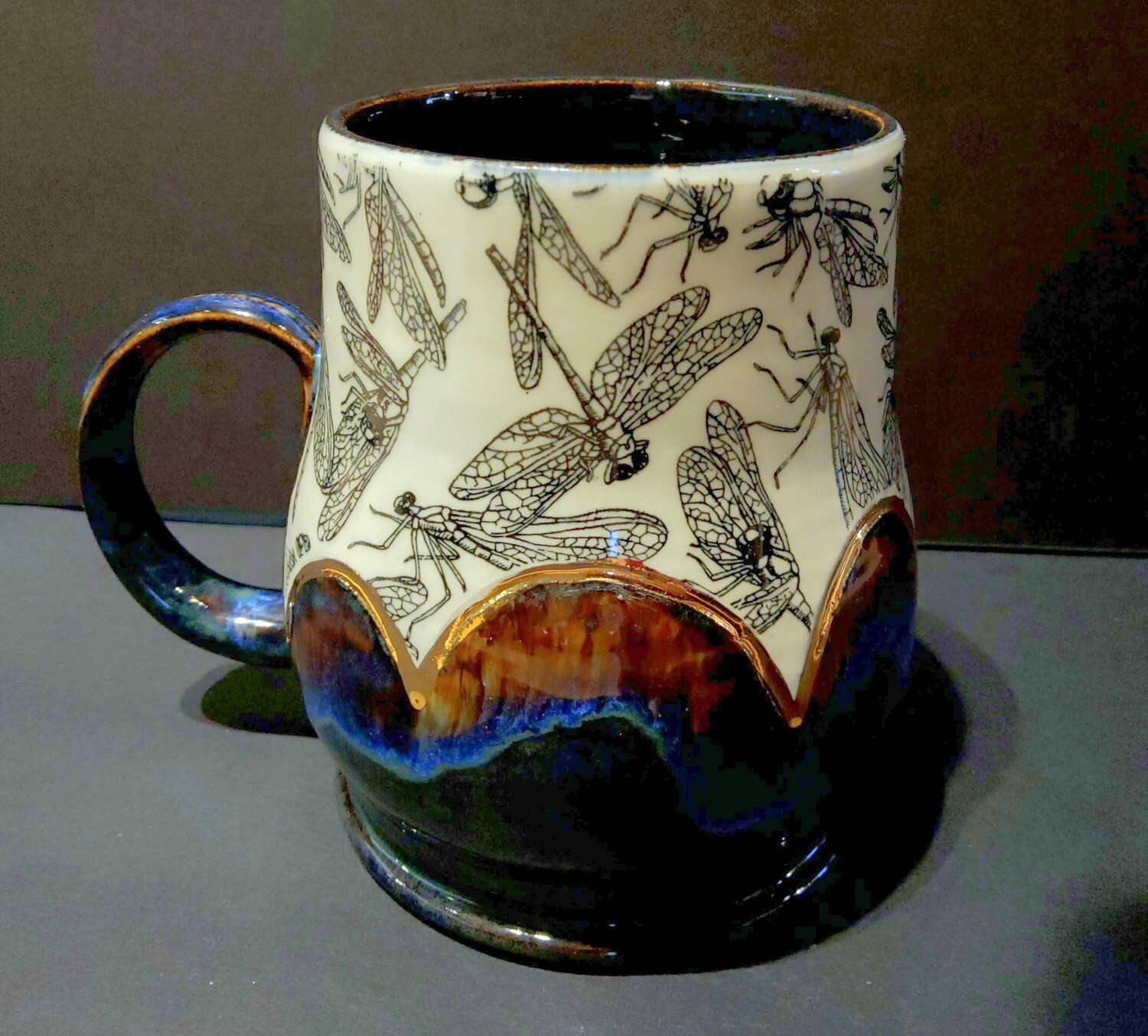 Dragonfly Swarm - Multi Color and Gold Lustre Scallop Handmade Mug, by Marian Pyron