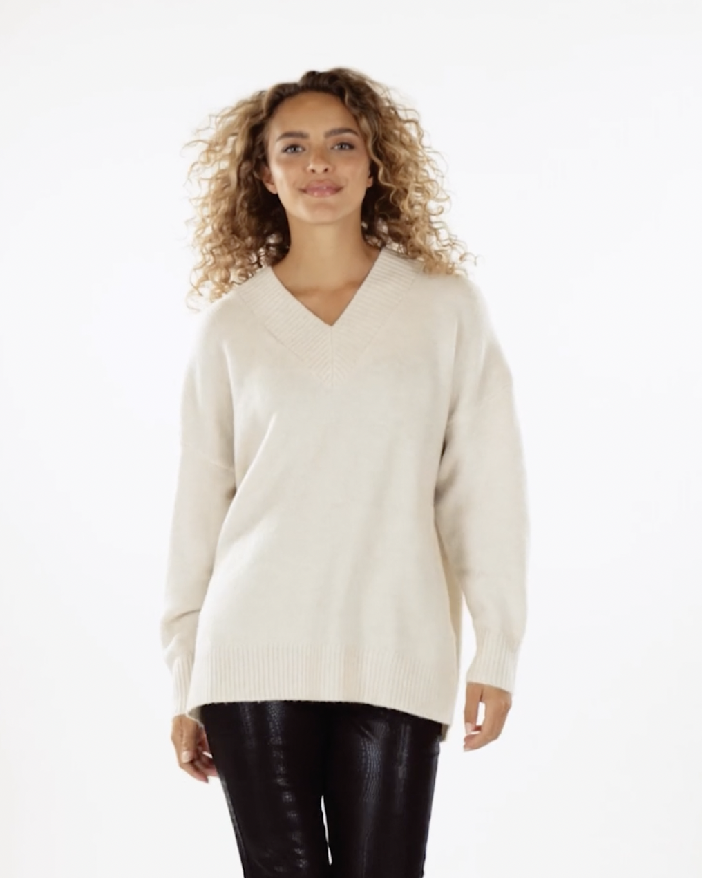 Cream Deep-V Sweater