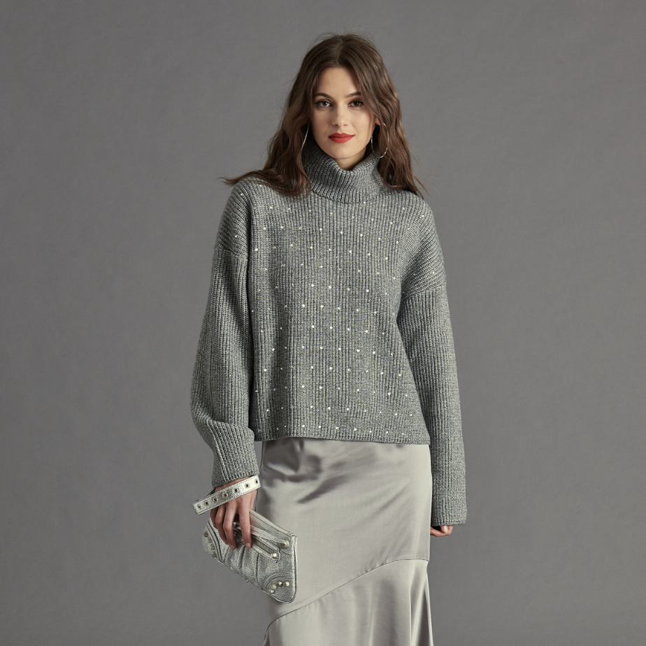 Grey Crystal Cowl Sweater