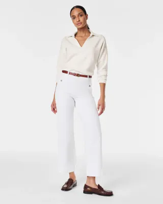 White Twill Cropped Wide Leg