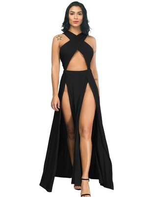 High Slits Wrap Criss Cross Gown Black Medium High Slits Wrap Criss Cross Gown Black Medium