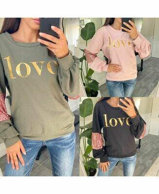 Trui LOVE met pailletten in zwart, roze en kaki Trui LOVE met pailletten in zwart, roze en kaki