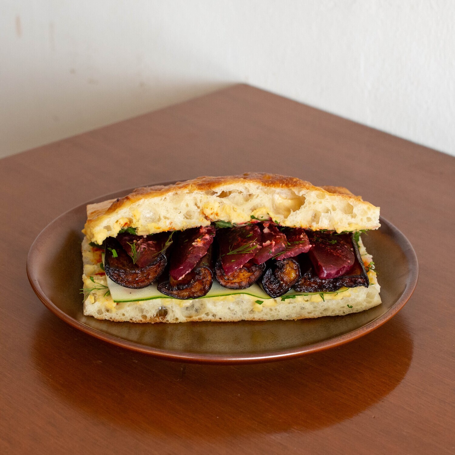 Hummus & Roasted Eggplant Focaccia Sandwich