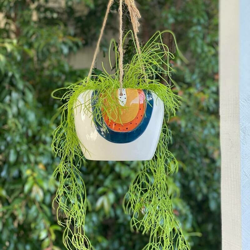 Hanging Rainbow planter, blue & terracotta.