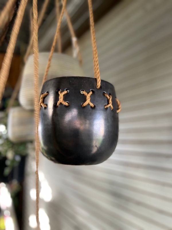 Hanging planter- glazed  silvery black