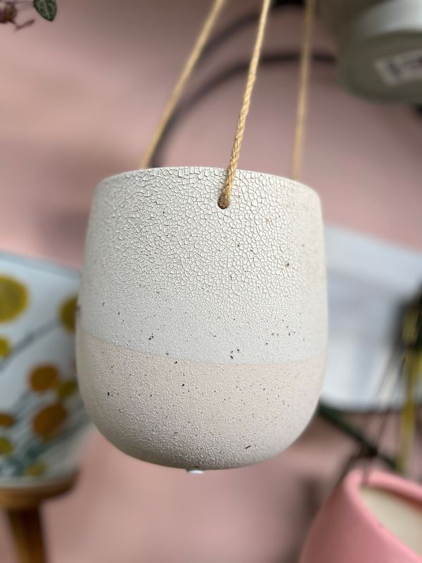 Hanging planter crackled, cream shades, textured