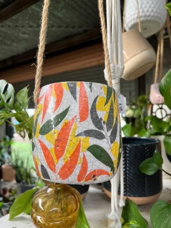 Hanging planter , Crackled look ; orange and yellow 14cm