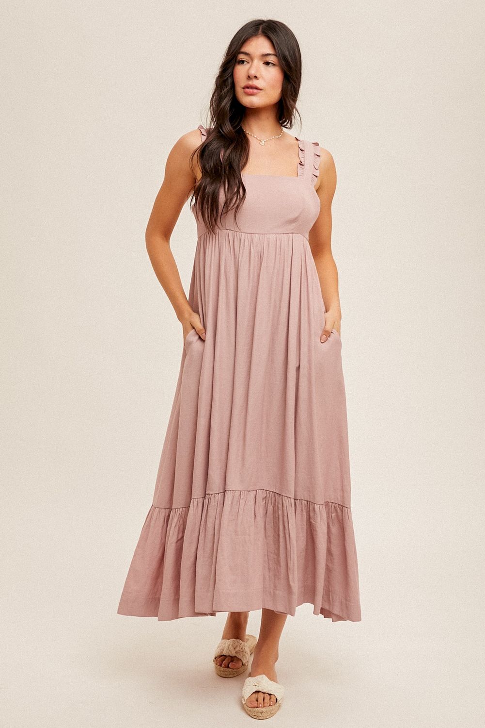 Mauve Square Neckline Ruffled Detail Maxi Dress