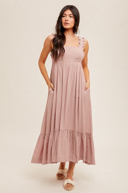 Mauve Square Neckline Ruffled Detail Maxi Dress