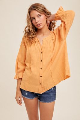 Tangerine Stitch Detail Button 3/4 Sleeve Shirt