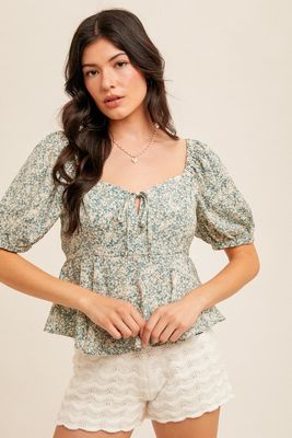 Teal Floral Bubble Sleeve Ruffle Detail Blouse