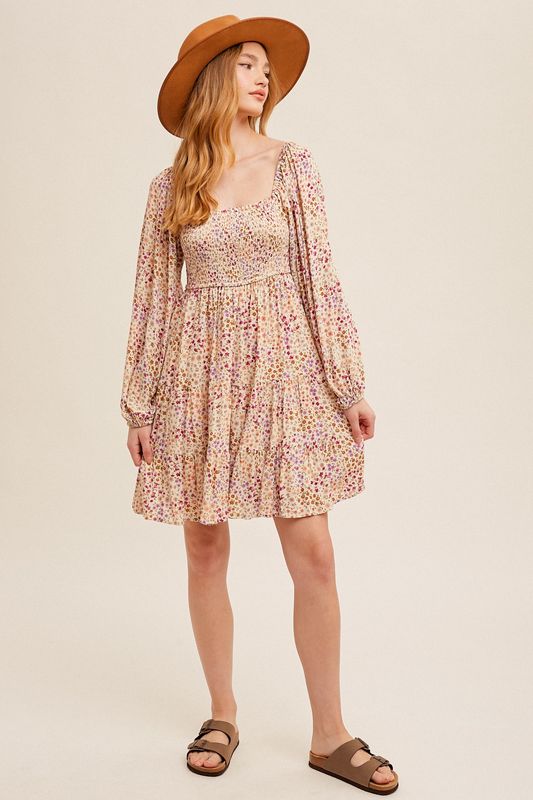 Floral Print Smocked Bubble Sleeve Babydoll Dress