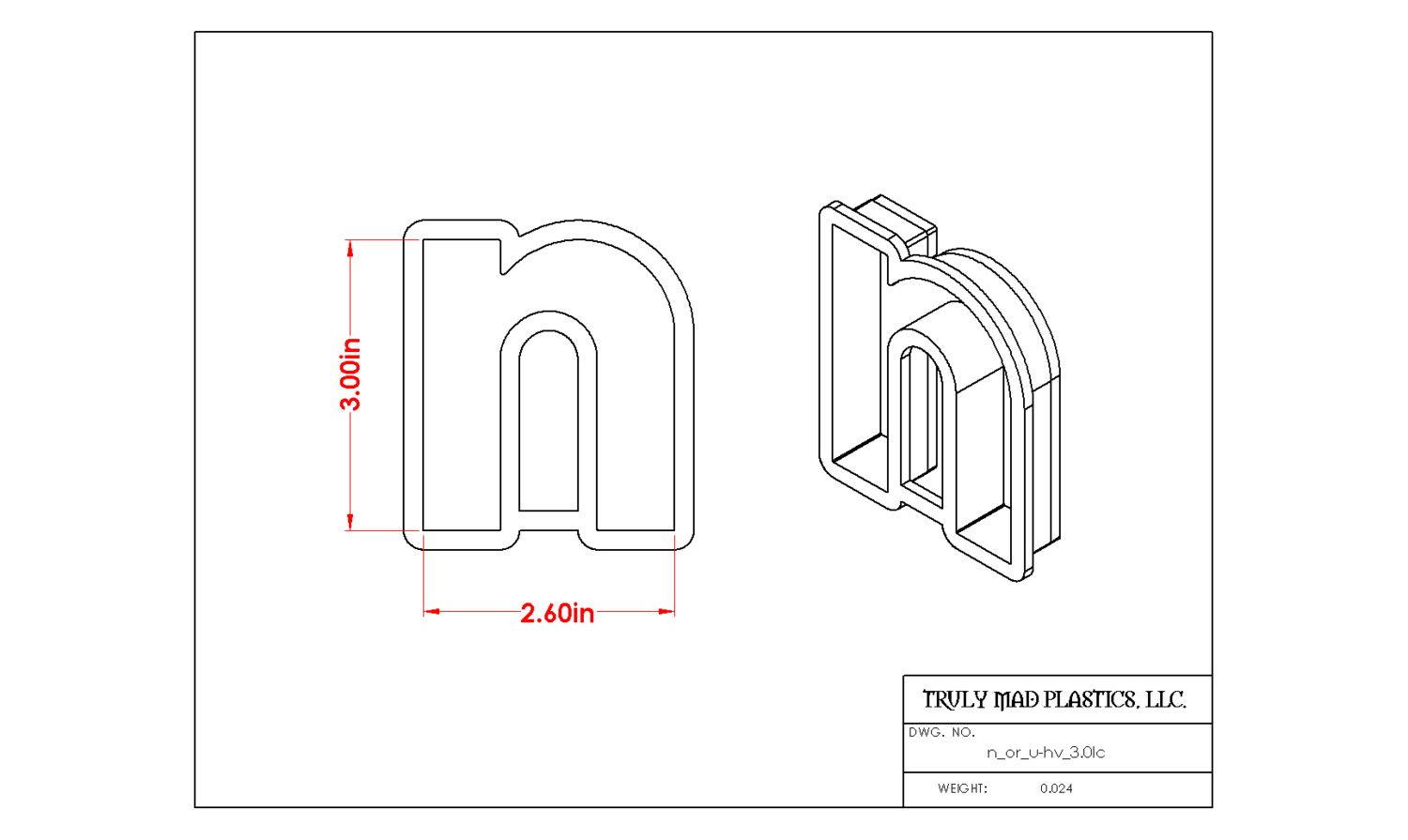 Helvetica "n or u" lower case 3.0"