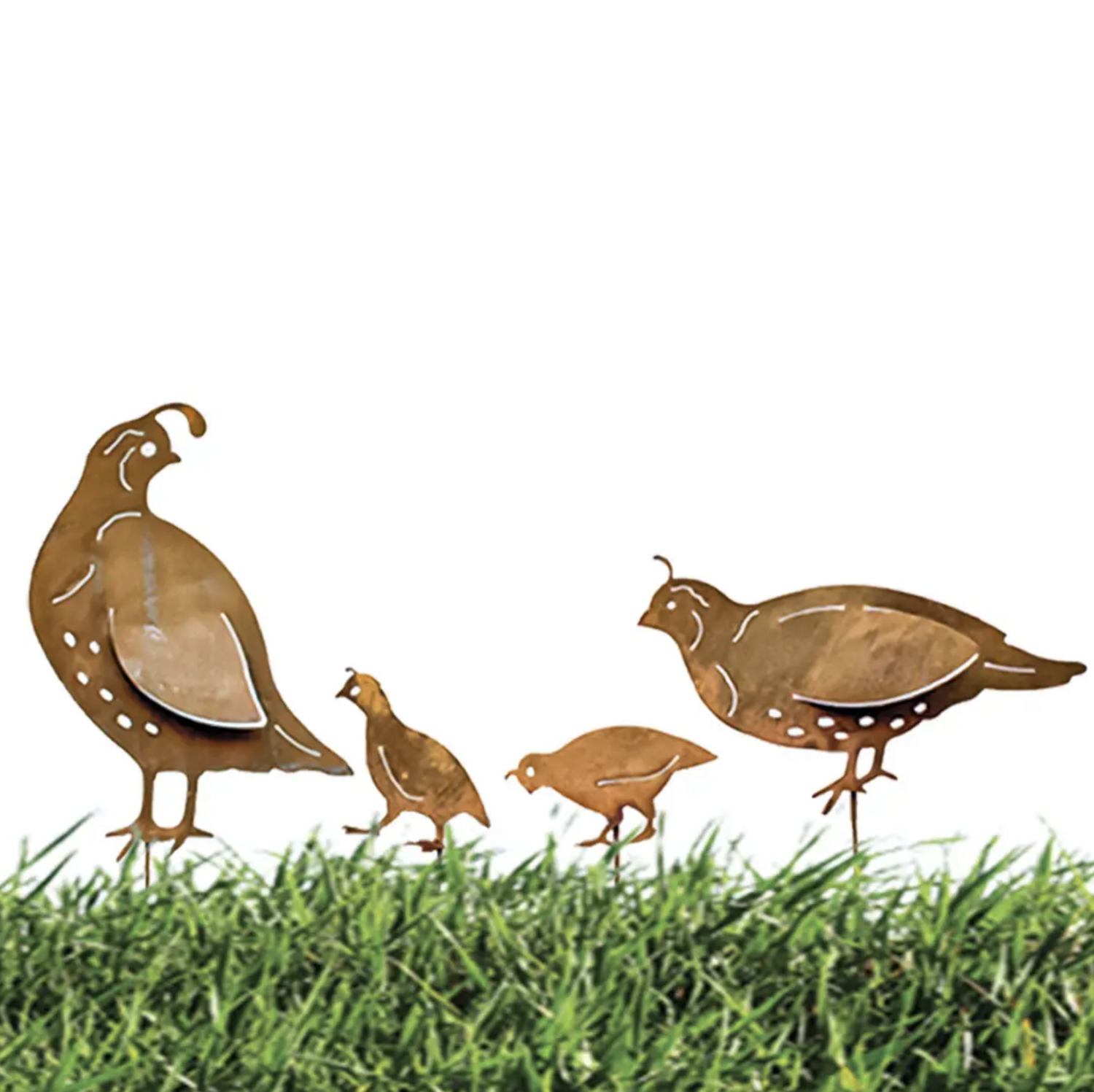 CHG Metal Rust/Nat Quail Family on Pick 4 Garden Art (CH507Z)