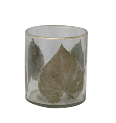 Creative Co-Op Glass Voltive w/ Embedded Peepal Leaves & Gold Foil DF6714