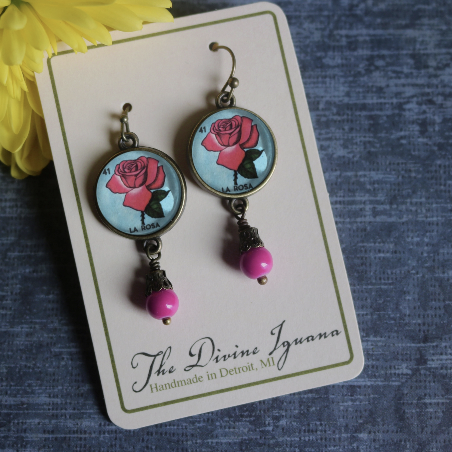 The Divine Iguana Loteria La Rosa Glass Cabochon Earrings