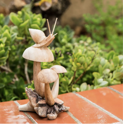Garden Age Parasite Wood Hand Carved Figurine - Snail On Mushroom