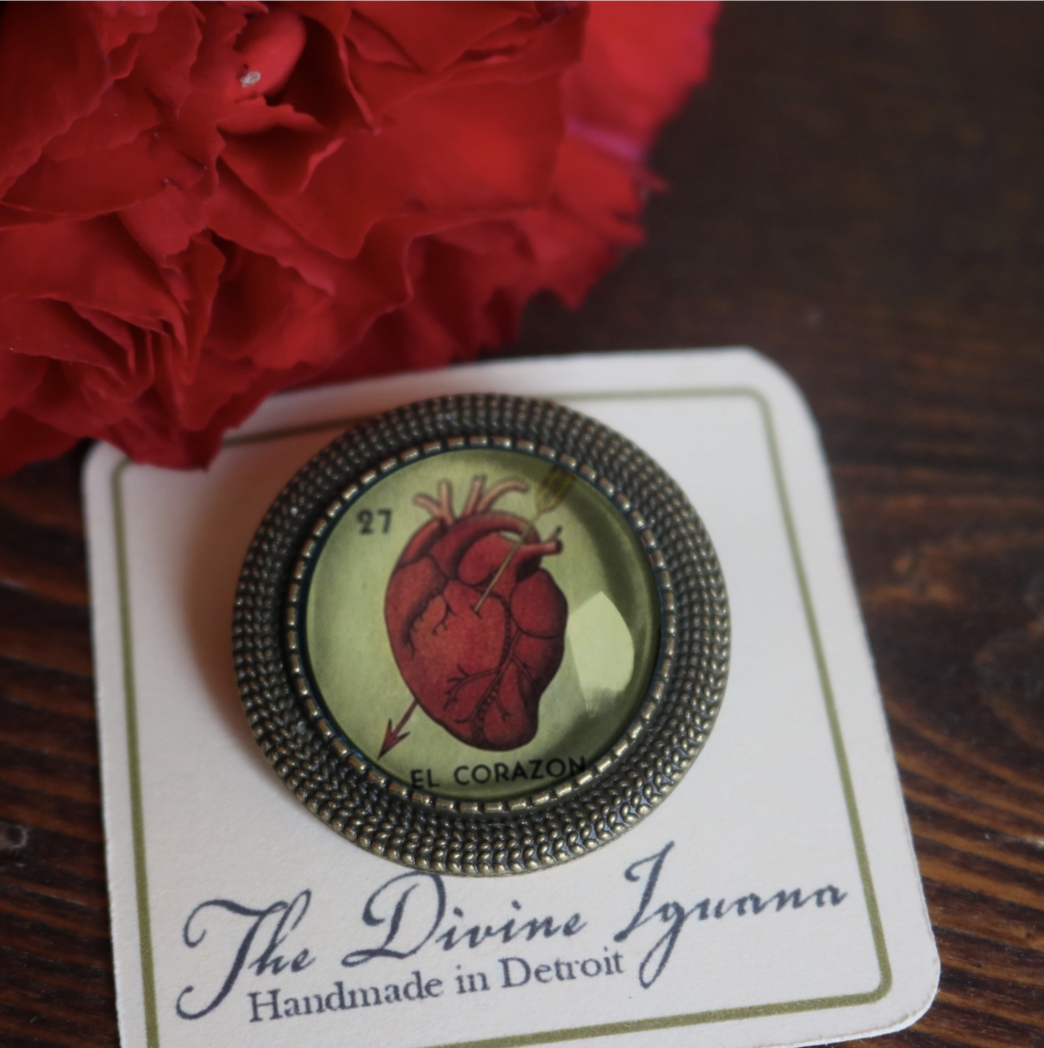 The Divine Iguana Loteria El Corazon Heart Glass Cabochon Brooch