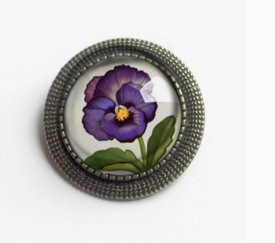 The Divine Iguana Purple Pansy Easter Glass Cabochon Brooch