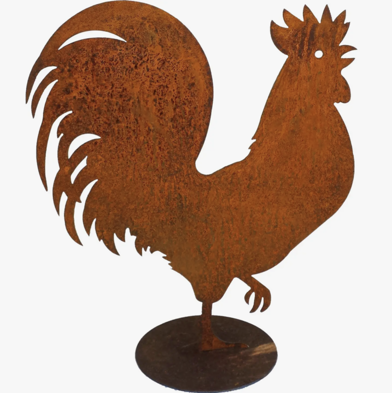 CHG Metal Rust/Nat Rooster On Base Small Garden Art (CH808)