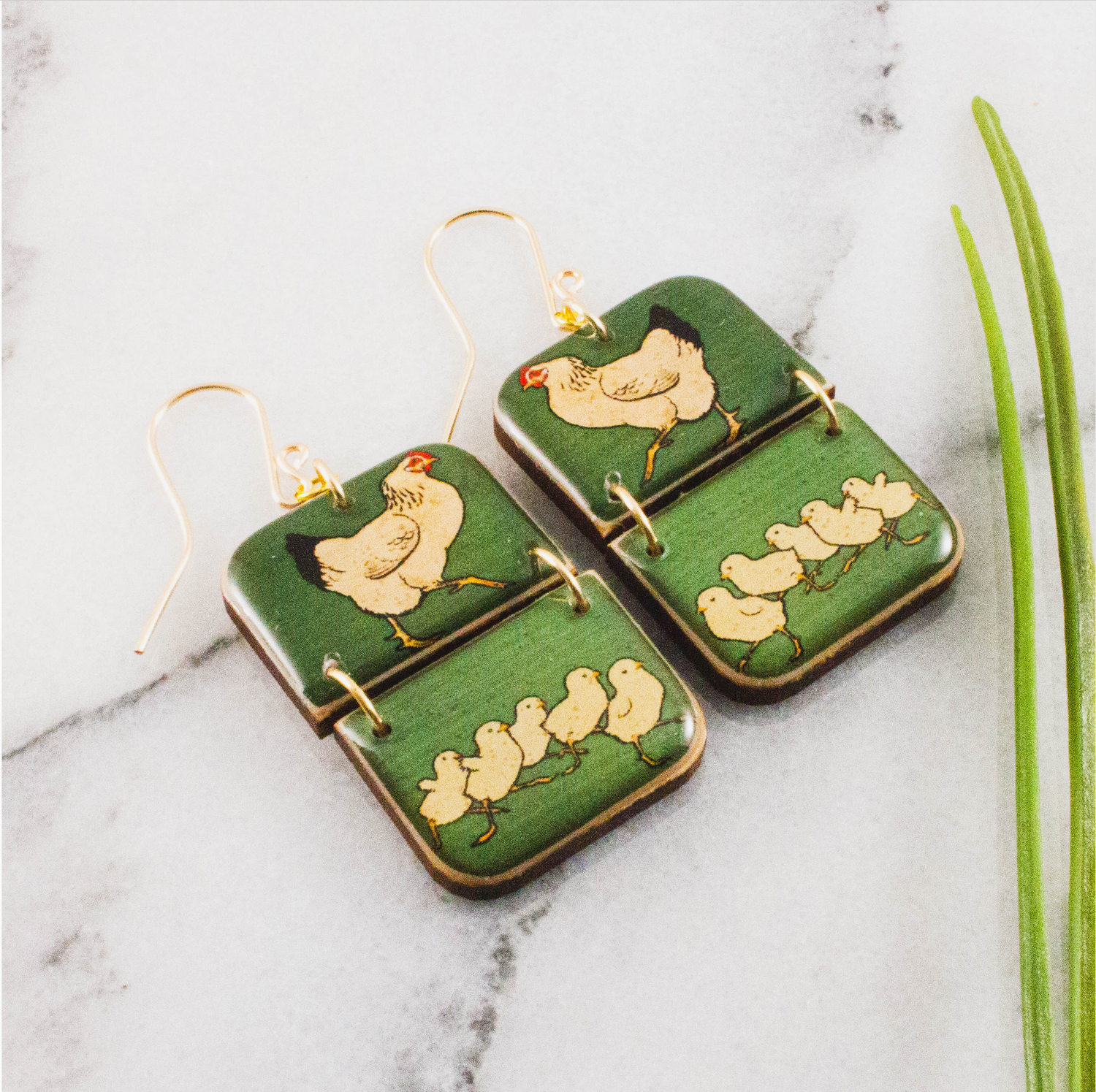 No Man's Land Hens + Chicks Retro Rectangle Earrings EAR6762