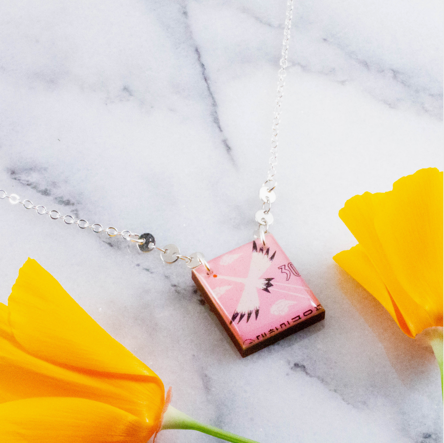 No Man's Land Midcentury Korean Crane Postage Stamp Necklace NEC6699