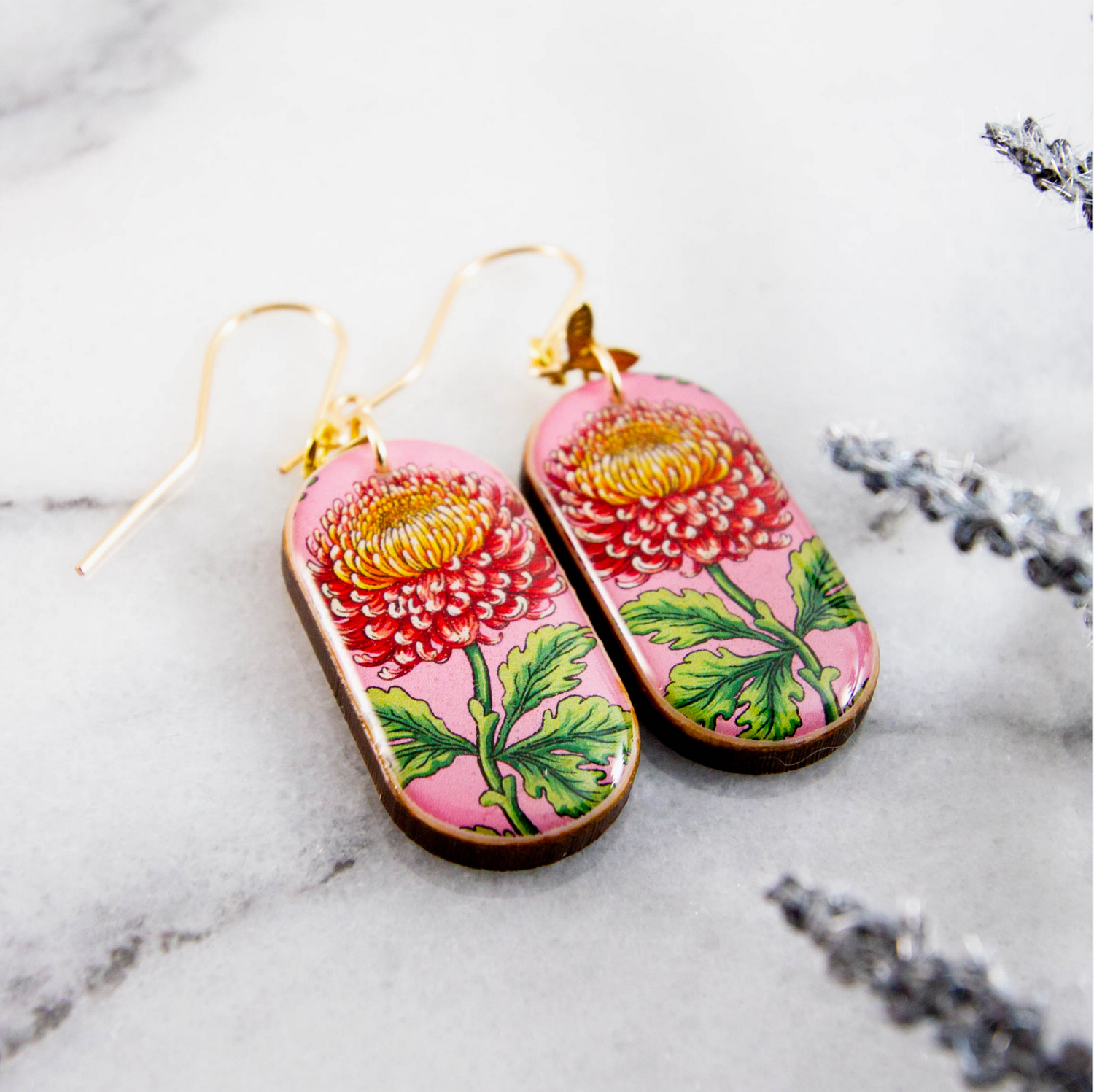 No Man's Land Pink Chrysanthemum Flower Oblong Earrings EAR7021