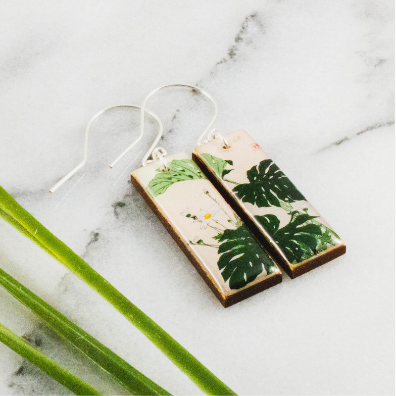 No Man's Land Vintage Japanese Monstera Plant Rectangle Earrings EAR6855