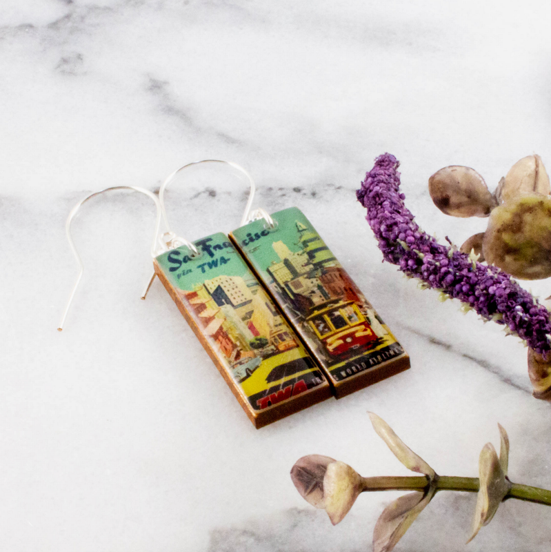 No Man's Land Vintage San Francisco Airline Trolley Travel Poster Earrings EAR6911