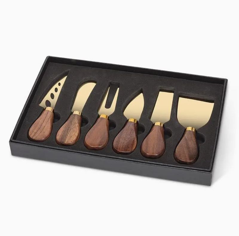 Abbott Set of 6 Walnut Handled Cheese Knives - Gold