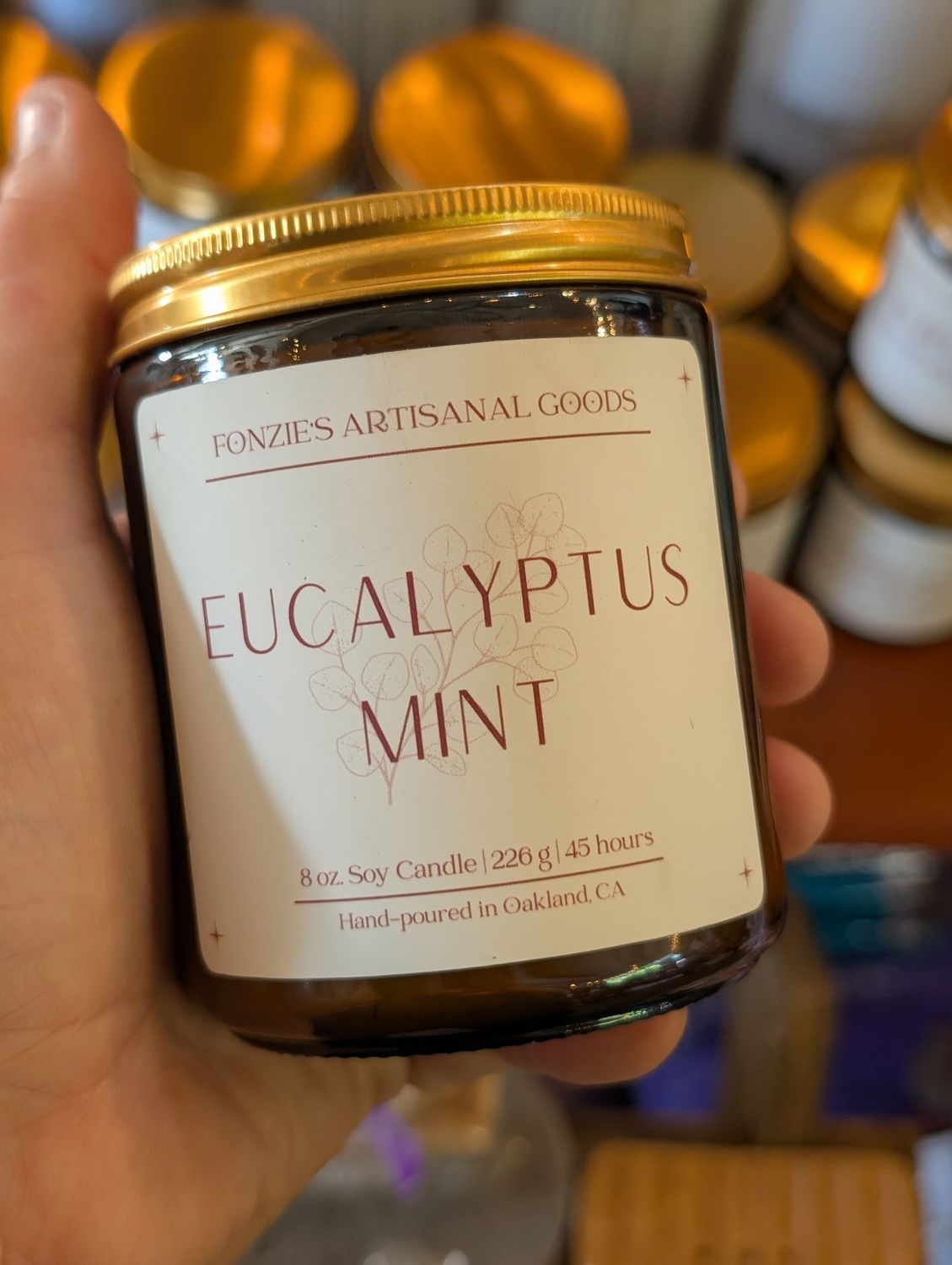 Fonzie's Artisanal Goods Eucalyptus Mint 8 oz Amber Jar Candle