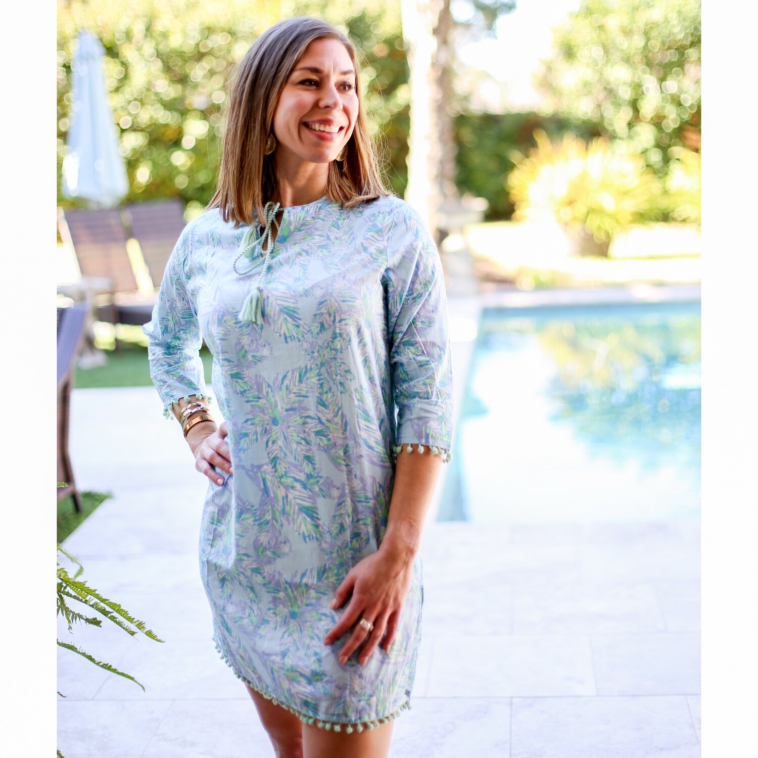 Panama Tunic Cover Up in Blue Glass/ Turquoise