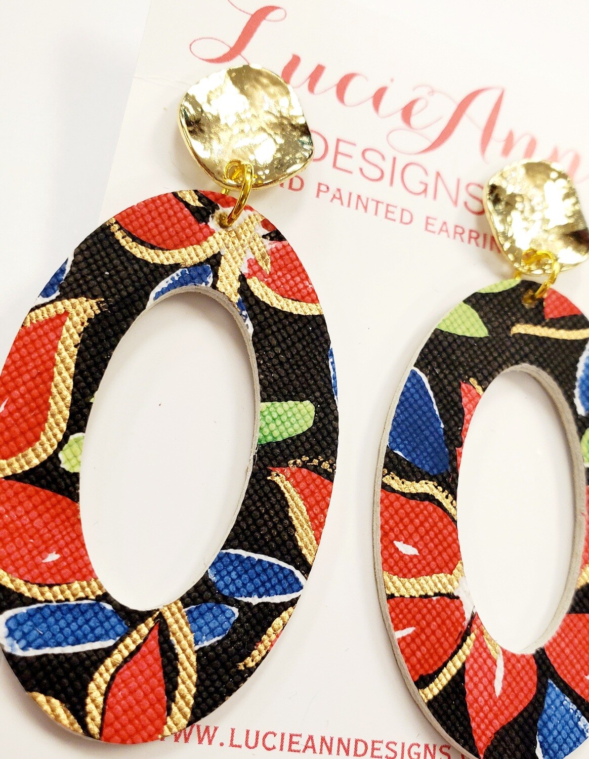 Oval Leather Hoops- Red Floral
