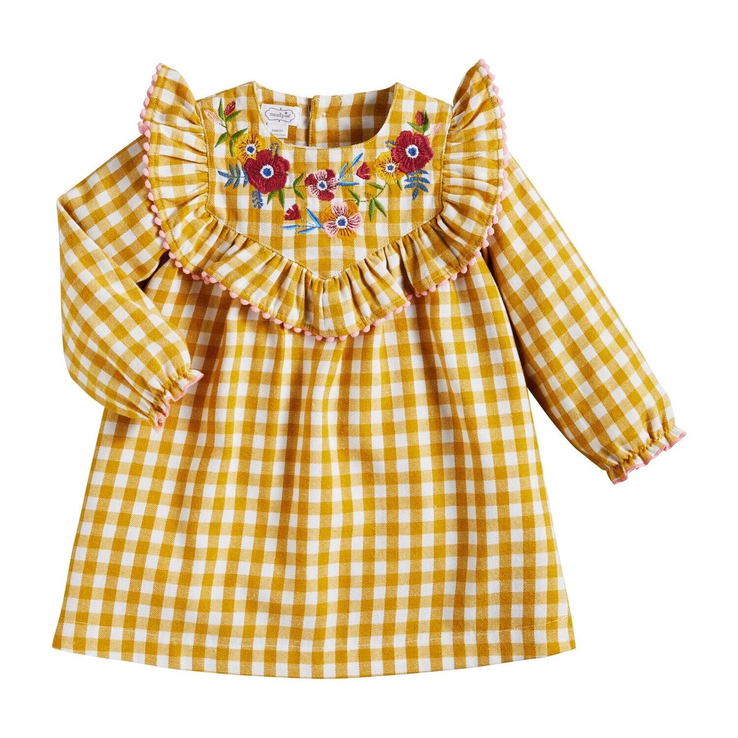 MudPie Yellow Gingham Embroidered Dress