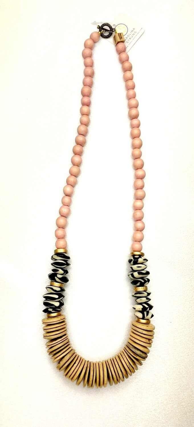 The Zoey Necklace w/Tan Flat Bds & Blk/Ivy Bds, 32