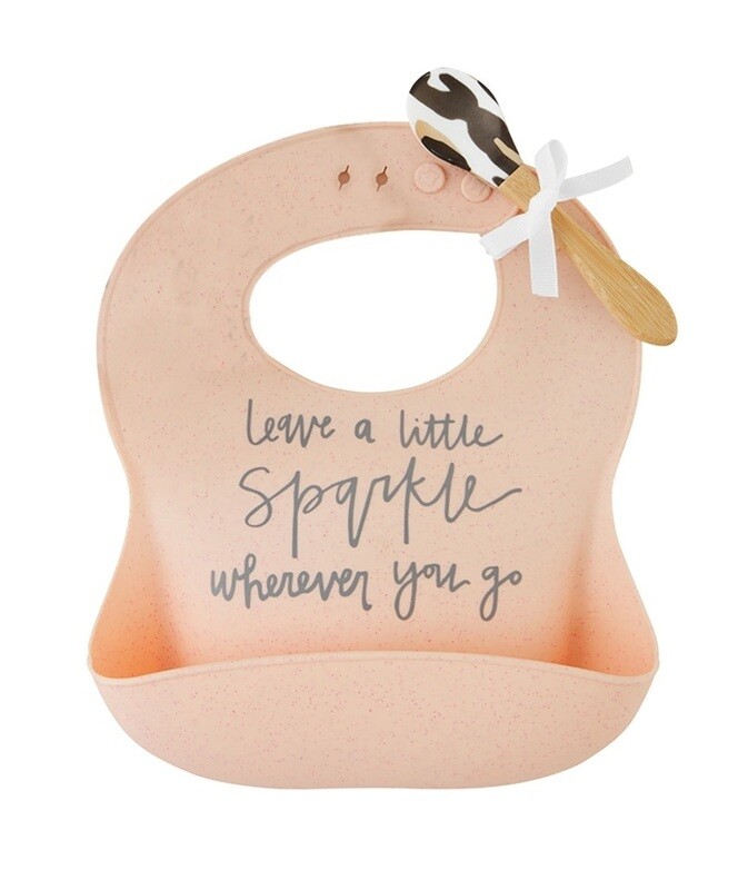 Mud Pie Pink Silicone Bib and Spoon Set- Leopard &amp; Pink Sparkle