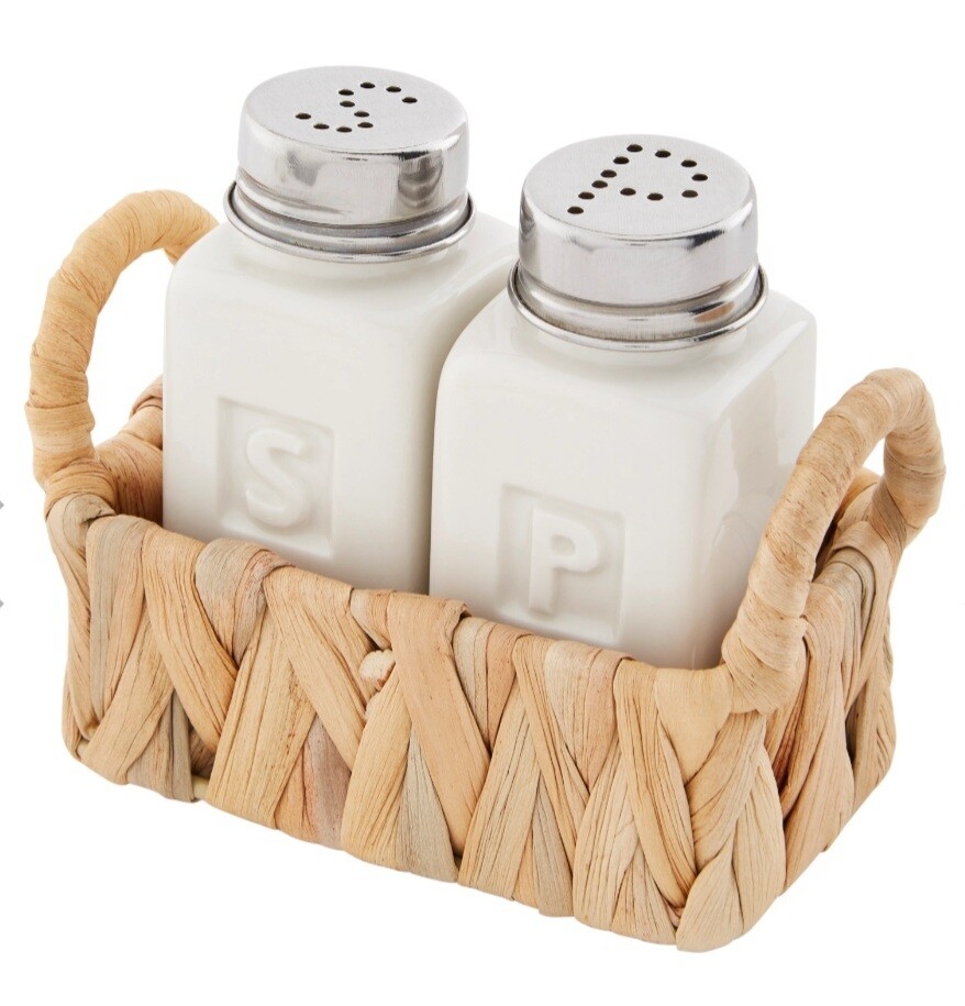 Mud Pie Salt N Pepper Water Hyacinth Shakers & Basket