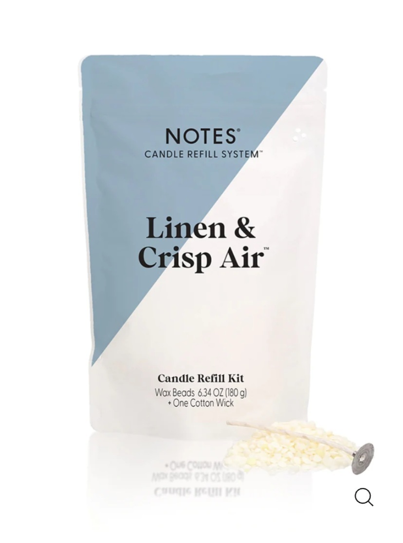NOTES Sustainable Candle Refill | Non-Toxic Fragrance, Natural Wax Beads  (Beeswax, Rice bran and Soy), Cotton Wick and Sustainer - (1) Linen & Crisp