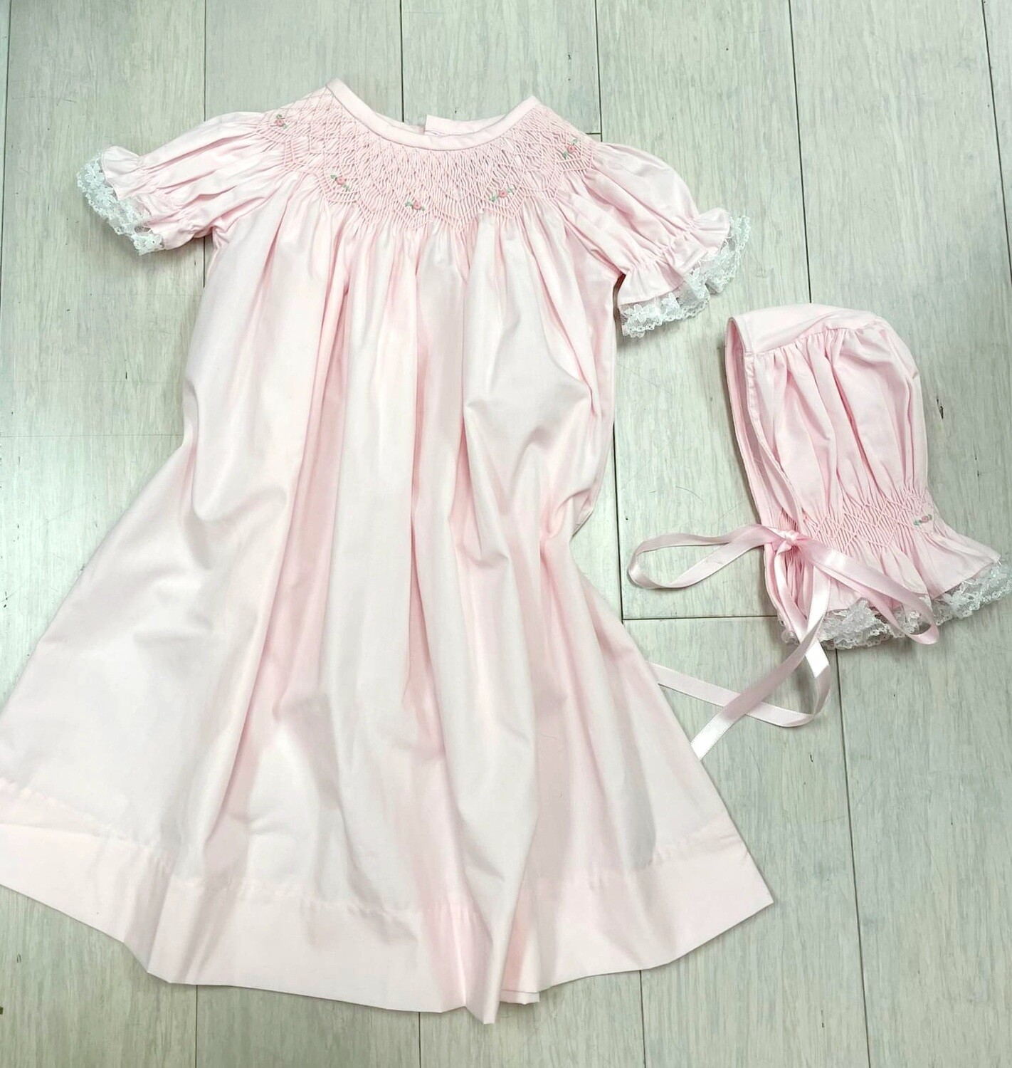 Girls Pink Smocked Flowers Daygown & Bonnet
