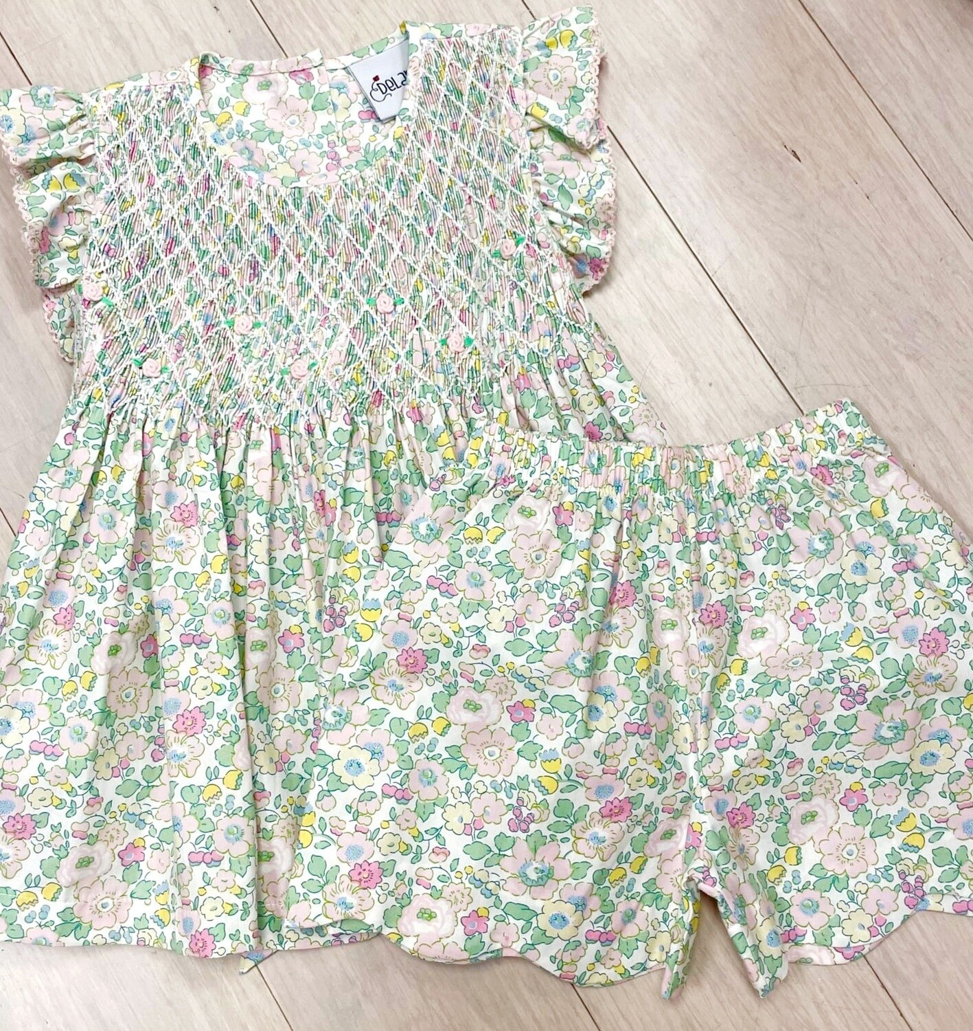 Girls Soft Pastel Floral Smocked Top & Short Set