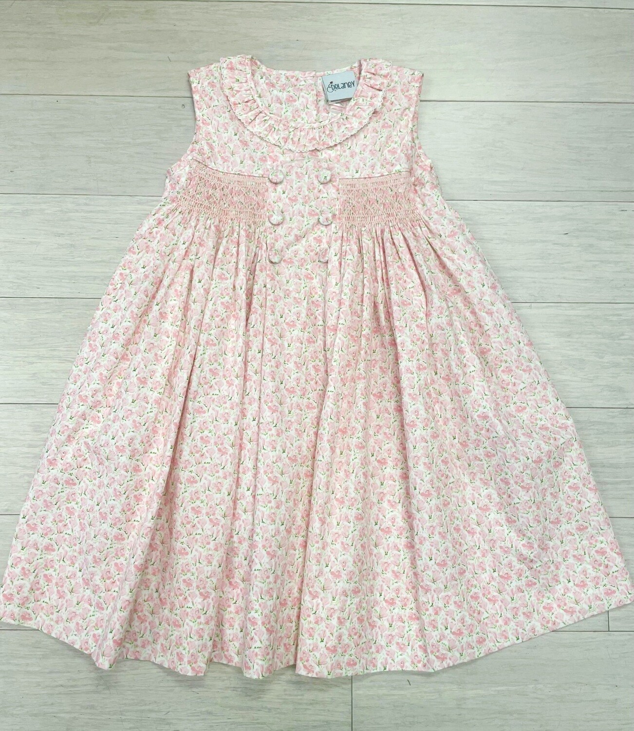 Pink Spring Floral Smocked Dress w/Covered Buttons