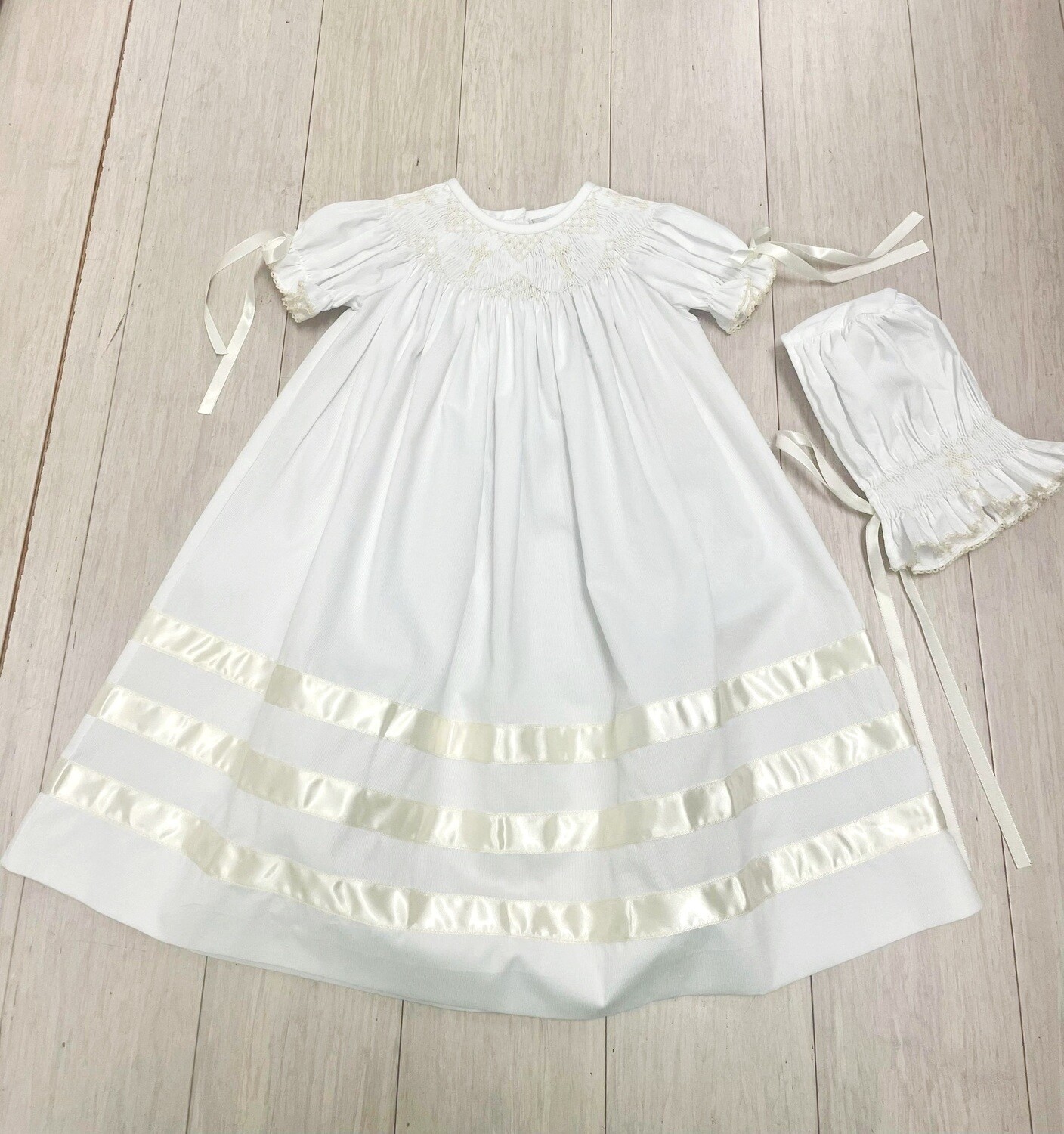 Beautiful White Smocked Ecru Cross Daygown &Bonnet